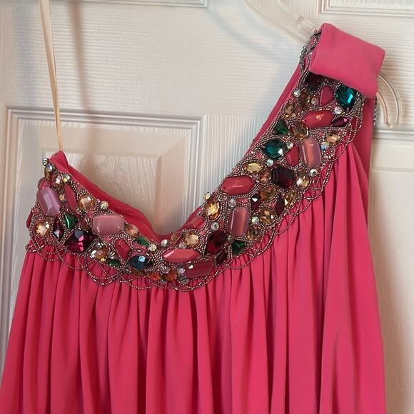 Jovani pink one shoulder dress with heavy beading and chains size 4 - Picture 2 of 9